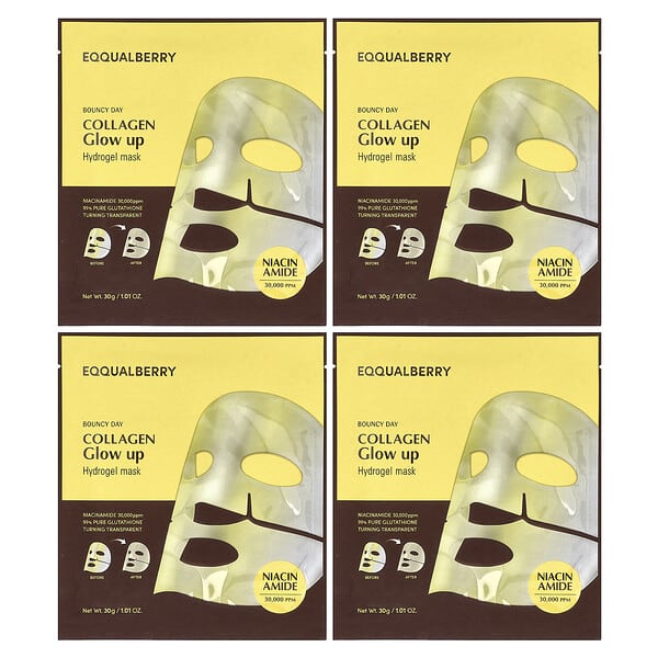 EQQUALBERRY, 콜라겐 글로우업 하이드로겔 뷰티 마스크, 4매, 각 30g(1.01oz)