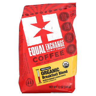 Equal Exchange, 유기농 커피, 브랙퍼스트 블렌드, 홀빈, 미디엄 & 프렌치 로스트, 340g(12oz)