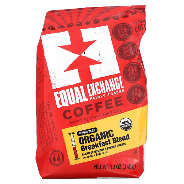 Equal Exchange, オーガニック、コーヒー、朝食ブレンド、ホールビーン（豆のまま）、340g（12オンス）