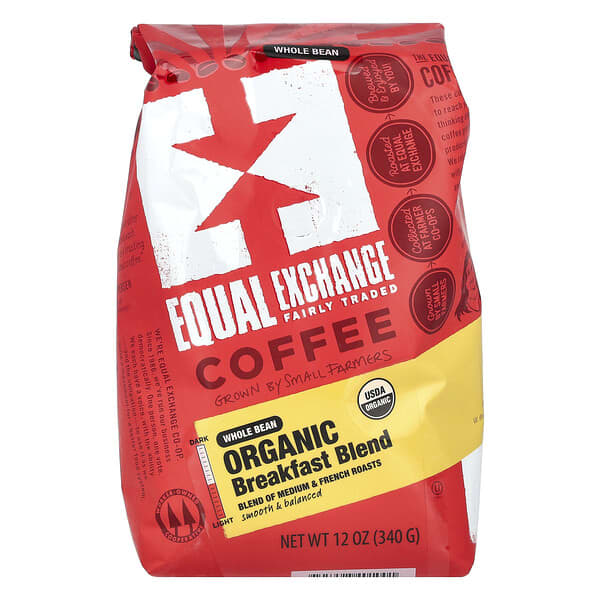 Equal Exchange, オーガニック、コーヒー、朝食ブレンド、ホールビーン（豆のまま）、340g（12オンス）