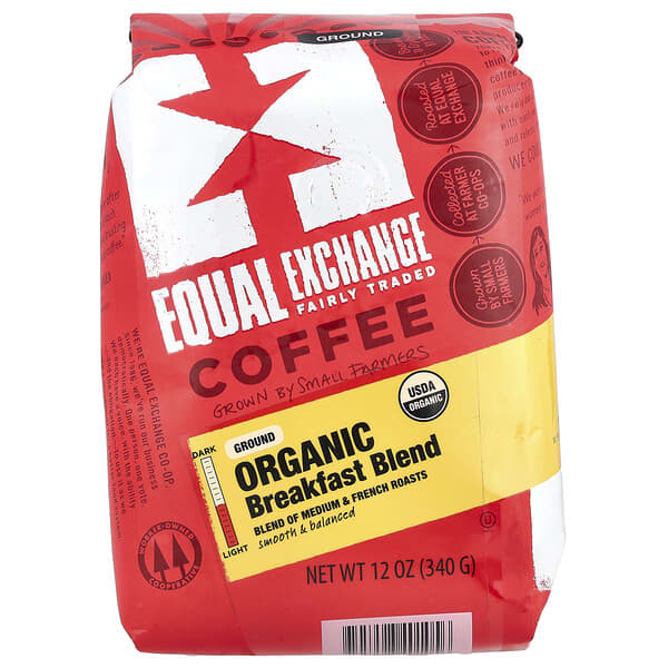 Equal Exchange, 유기농 커피, 브랙퍼스트 블렌드, 분쇄, 미디엄 & 프렌치 로스트, 340g(12oz)