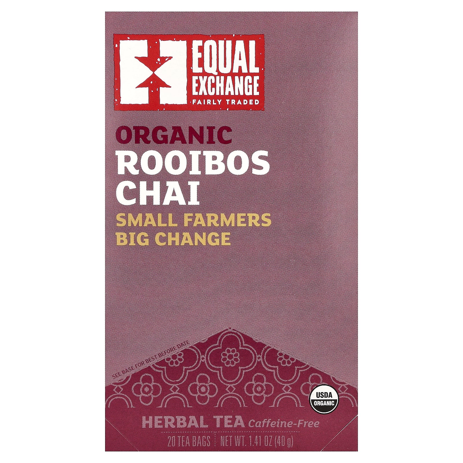Equal Exchange, органический чай ройбуш, травяной чай, без кофеина, 20 чайных пакетиков, 40 г (1,41 унции)