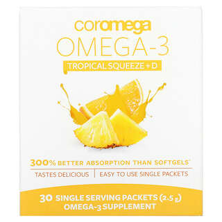 Coromega, Omega-3 Squeeze + Vit D, naranja tropical, 30 paquetes de una sola porción, 2.5 g c/u