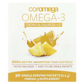 Coromega, Omega-3 + Vit D, тропический апельсин, 30 одноразовых пакетиков, 2,5 г каждый