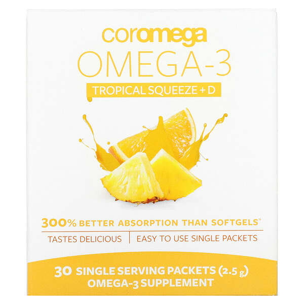 Coromega, Omega-3 Squeeze, Tropical Squeeze+D, 30 Single Serving Packets, 2.5 g Each