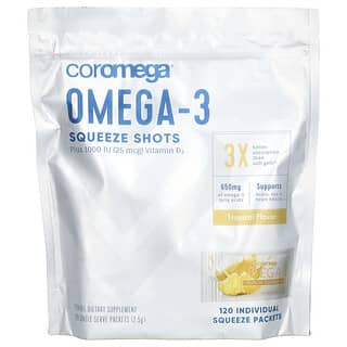 Coromega‏, חטיפי אומגה 3 בתוספת ויטמין D3, בטעם טרופי, 120 שקיקים לסחוט אישיים, 2.5 גרם כל אחד