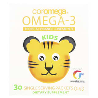 Coromega, Vitamina D+ Omega-3, para niños, naranja tropical, 30 paquetes de una porción (2,5 g)