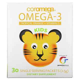 Coromega, 兒童專用 Omega-3 脂肪酸營養補充劑，熱帶香橙味 + 含維生素 D，30 袋裝（2.5 克/袋）