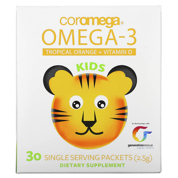 Coromega, 子ども用、オメガ3、トロピカルオレンジ＋ビタミンD、30回分の個包装（各2.5g）