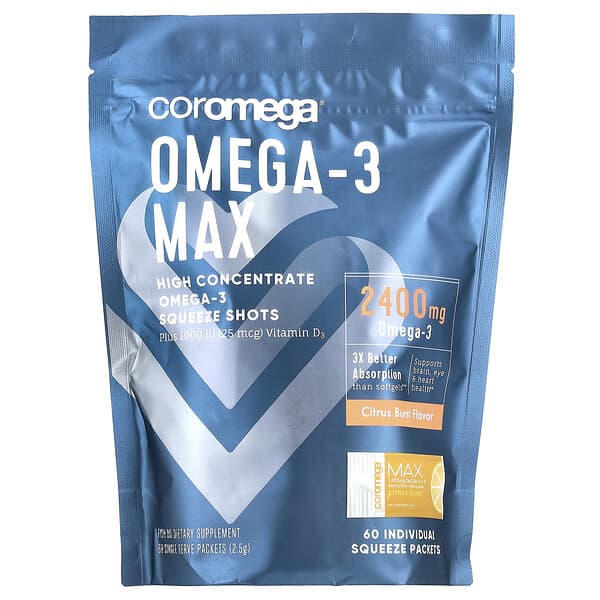 Coromega, 오메가3 맥스, 고농축 스퀴즈 샷, 시트러스 버스트, 스퀴즈 팩 60개, 각 2.5g