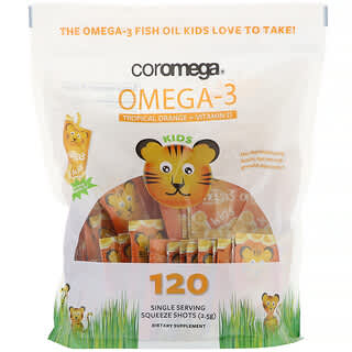 Coromega, Omega-3, para niños, naranja tropical y vitamina D, 120 comprimidos exprimidos de una sola porción