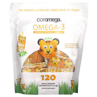 Coromega, Ômega-3, Kids, Laranja Tropical + Vitamina D, 120 Squeeze Shots de Porção Individual