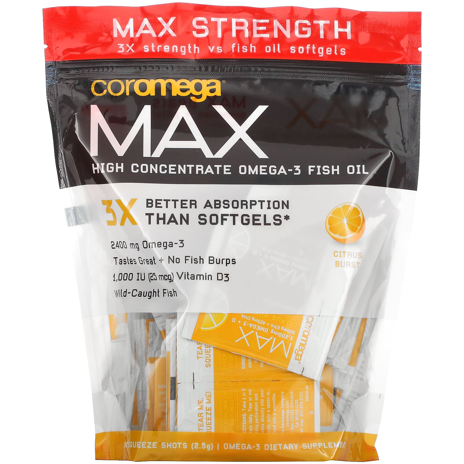 Coromega, Max High Concentrate Omega-3 Fish Oil, Citrus Burst, 90 ...