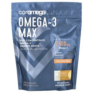 Coromega, Omega-3 Max, High Concentrate Omega-3 Squeeze Shots, Citrus Burst, 90 Single Serve Packets, 2.5 g Each