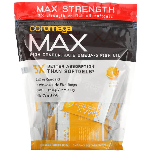 Coromega, Max High Concentrate Omega-3 Fish Oil, Citrus Burst, 90 Squeeze Shots, 2.5 g Each