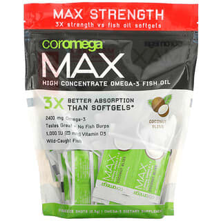 Coromega, Aceite de pescado con omega-3 altamente concentrado Max, Coconut Bliss, 90 Shots, 2,5 g cada uno