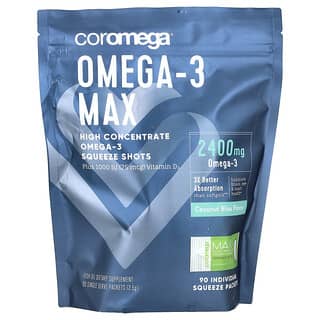 Coromega, Omega-3 Max com Vitamina D3, Alto Concentrado, sabor de coco, 90 Embalagens de Porção Individual, (2,5 g) Cada