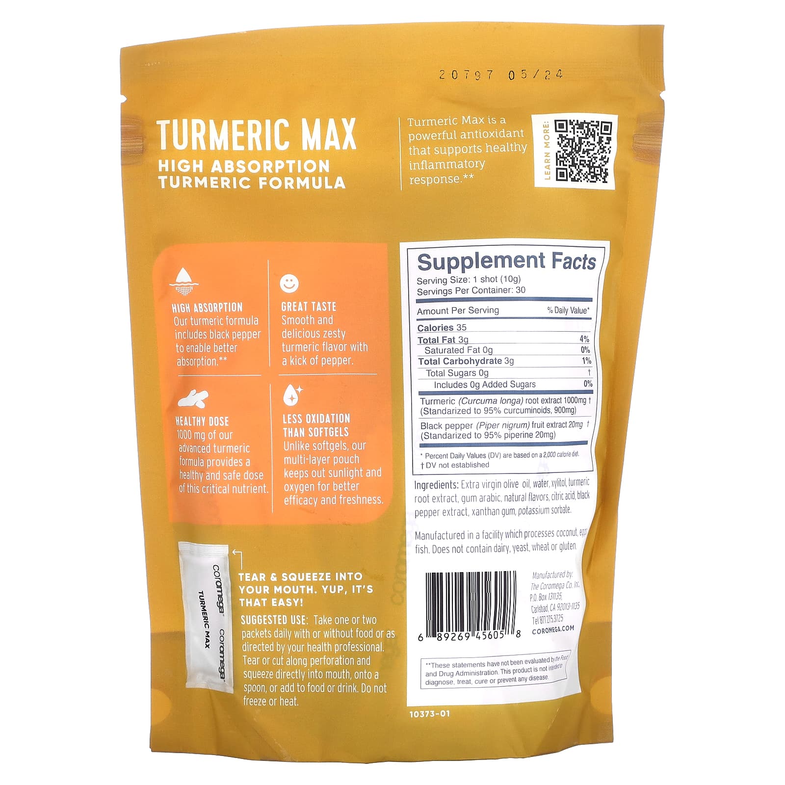 Coromega, Turmeric Max, Turmeric, 1,000 mg, 30 Individual Squeeze