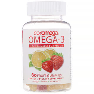Coromega, Омега-3, жевательный мармелад для взрослых со вкусом фруктов, апельсин, лимон, клубника, 60 фруктовых жевательных таблеток