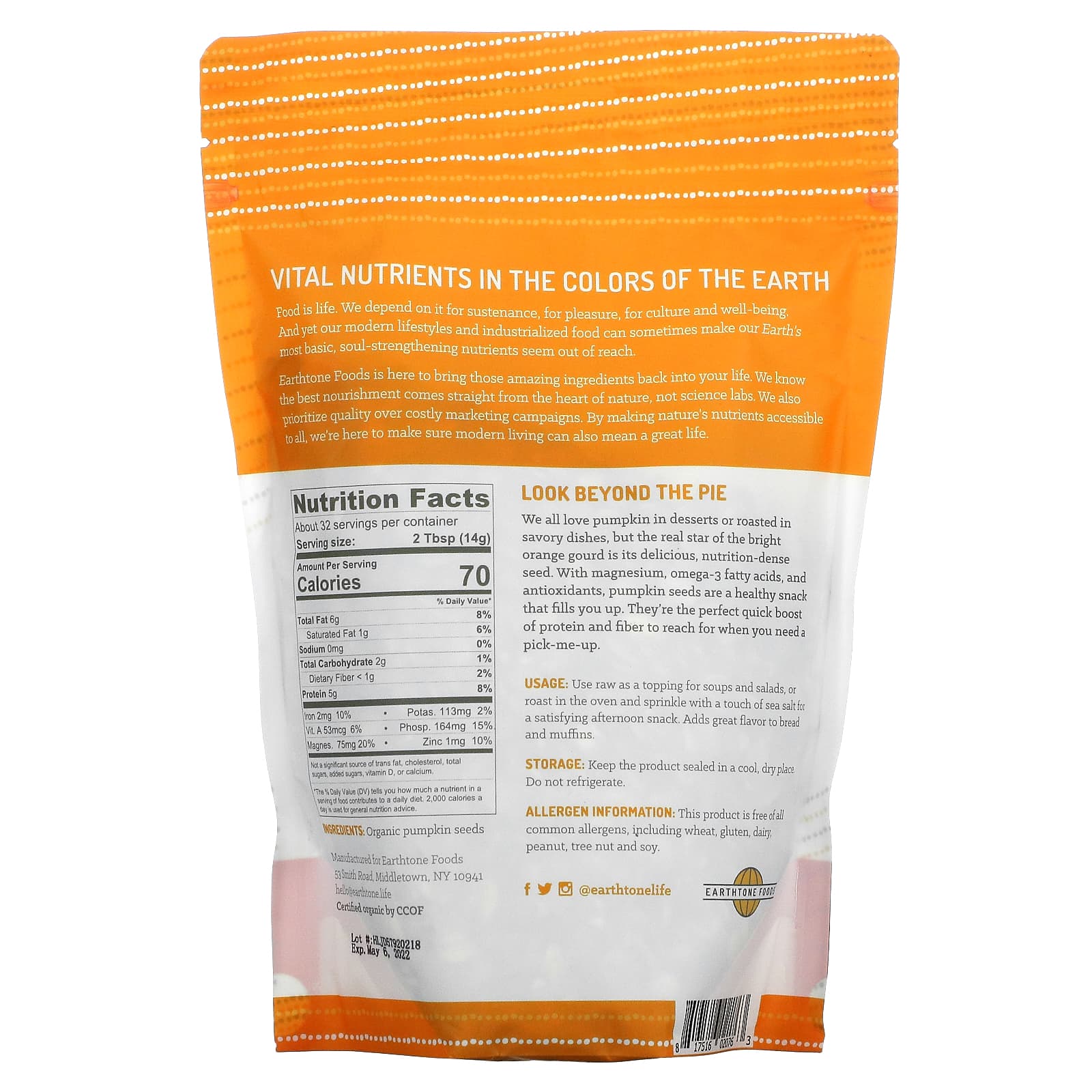 Earthtone Foods, Organic Raw Shelled Pumpkin Seeds, 16 oz (453 g)