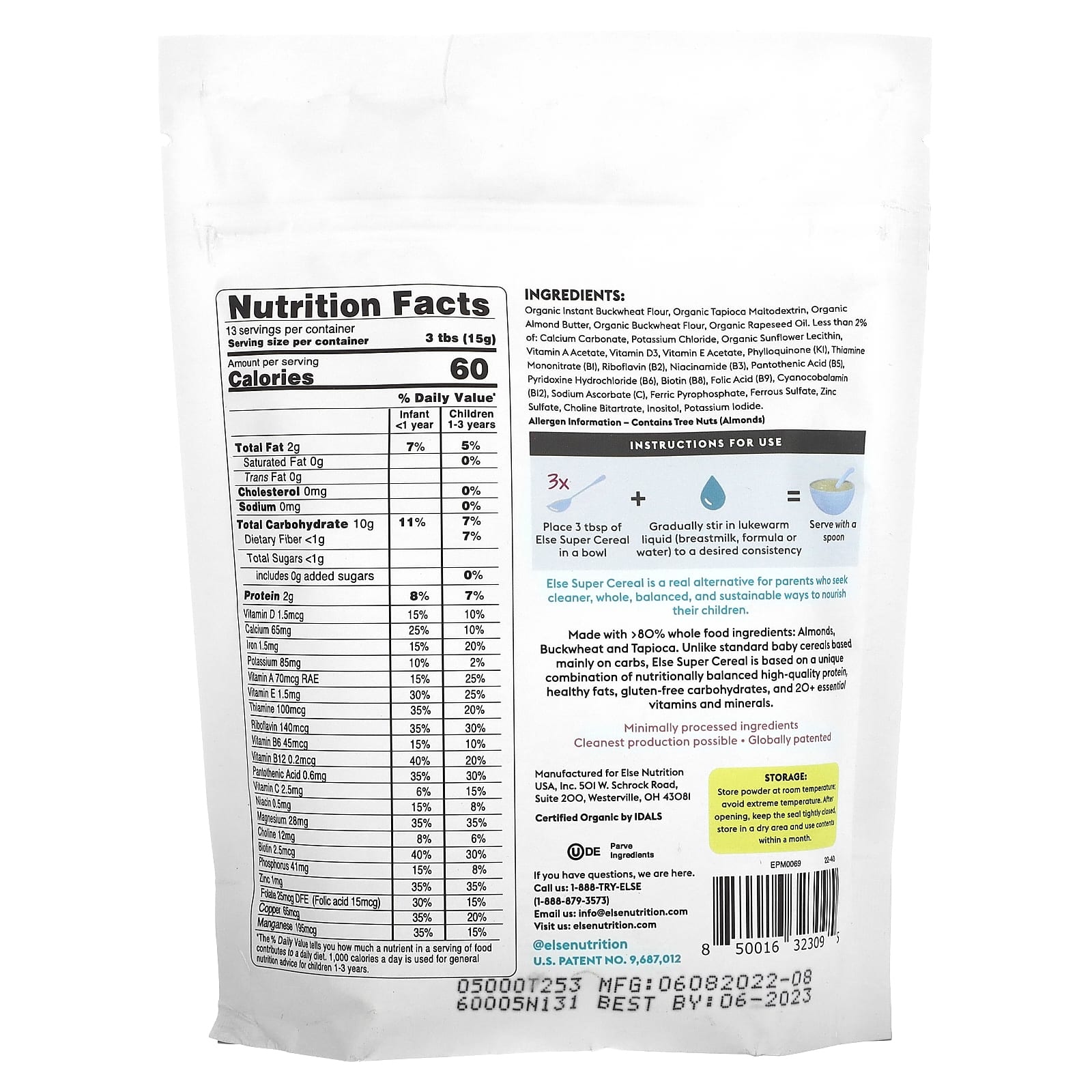 Else, Baby, PlantPowered Almonds & Buckwheat Super Cereal, 6+ Months