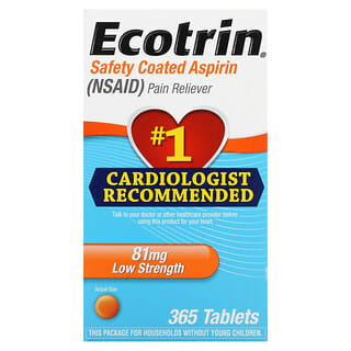 Ecotrin‏, "אספירין מצופה בטיחותי, בעל עוצמה נמוכה, 81 מ""ג, 365 טבליות."