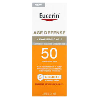 Eucerin, エイジディフェンス、軽いつけ心地の日焼け止めローション、顔用、SPF数値50、無香料、75ml（2.5液量オンス）