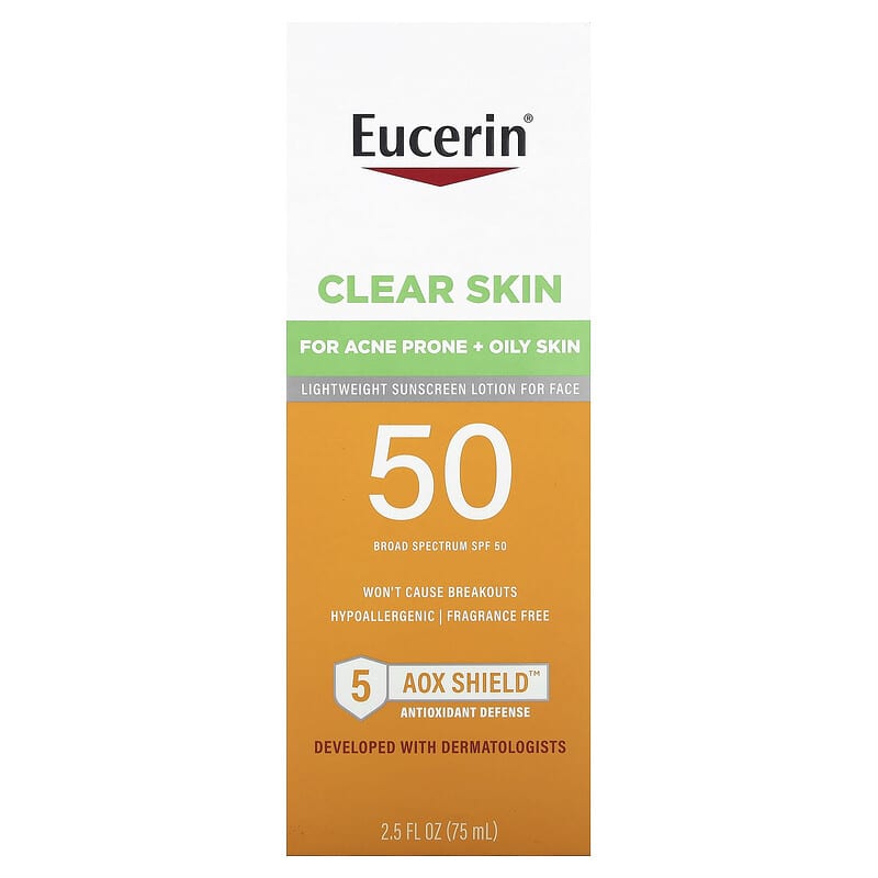 Eucerin Sun Clear Skin SPF 50 Face Sunscreen Lotion, Hypoallergenic,  Fragrance Free Sunscreen SPF 50 with Oil-Absorbing Minerals, 2.5 Fl Oz  Bottle