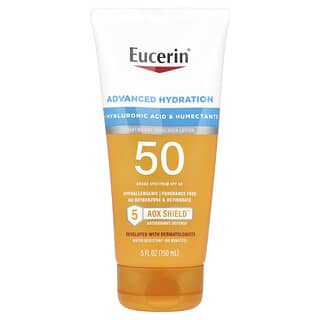 Eucerin, アドバンスド ハイドレーション、軽いつけ心地の日焼け止めローション、SPF50、無香料、150ml（5液量オンス）