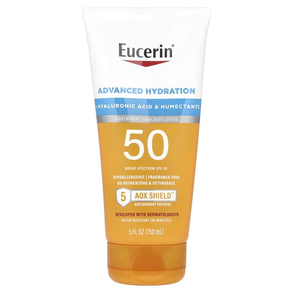 Eucerin, Advanced Hydration, Lightweight Sunscreen Lotion, SPF 50, Fragrance Free, 5 fl oz (150 ml)