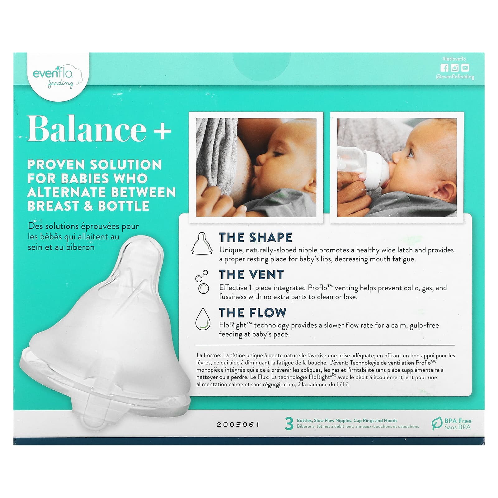 Evenflo Feeding, Balance+ Bottles, Wide, 0+ Months, Slow Flow, 3