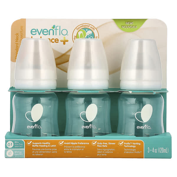 Evenflo Feeding, 平衡奶瓶，標準，0 個月以上，慢流量，3 個，每個 4 盎司（120 毫升）