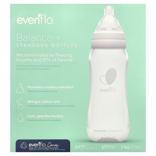 Evenflo Feeding, 平衡奶瓶，標準，0 個月以上，慢流量，3 個，每個 9 盎司（270 毫升）