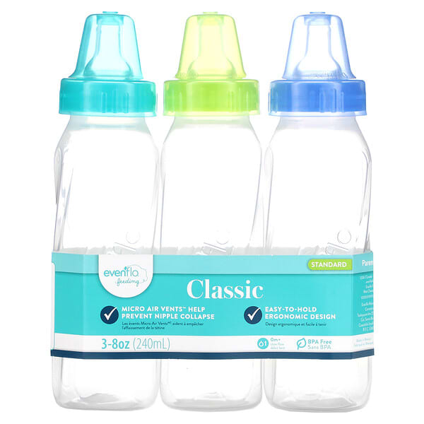 Evenflo Feeding, Classic Bottles, Standard, 0+ Months, Slow, 3 Bottles, 8 oz (240 ml) Each