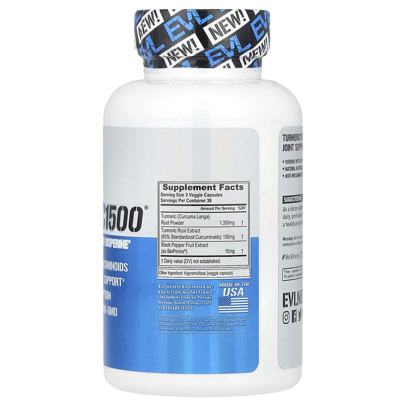 Купить EVLution Nutrition, Turmeric 1500®, куркумин из куркумы с BioPerine®, 90 растительных капсул