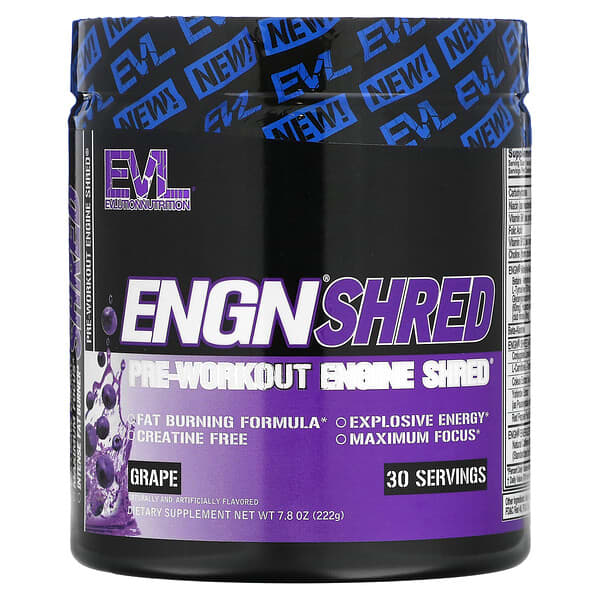 EVLution Nutrition, ENGN Shred（エンジンシュレッド）、Pre-Workout Shred Engine（プレワークアウトシュレッドエンジン）、グレープ味、222g（7.8オンス）