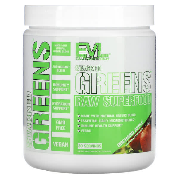 EVLution Nutrition, Stacked Greens（スタークドグリーンズ）未加工スーパーフード、オーチャードアップル、162g（5.7オンス）