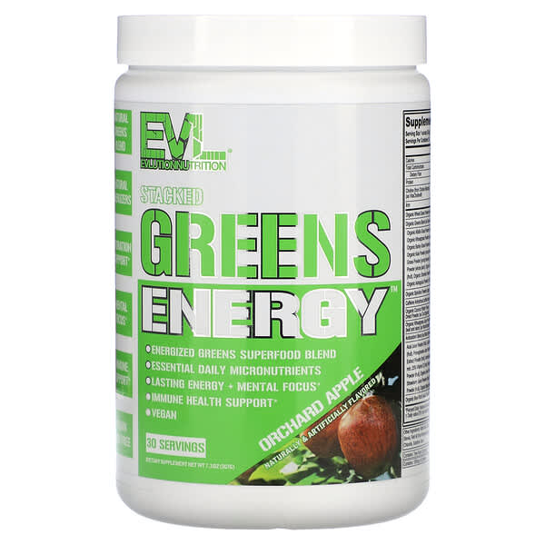 EVLution Nutrition, Stacked Greens Energy（スタークドグリーンズエネルギー）、オーチャードアップル