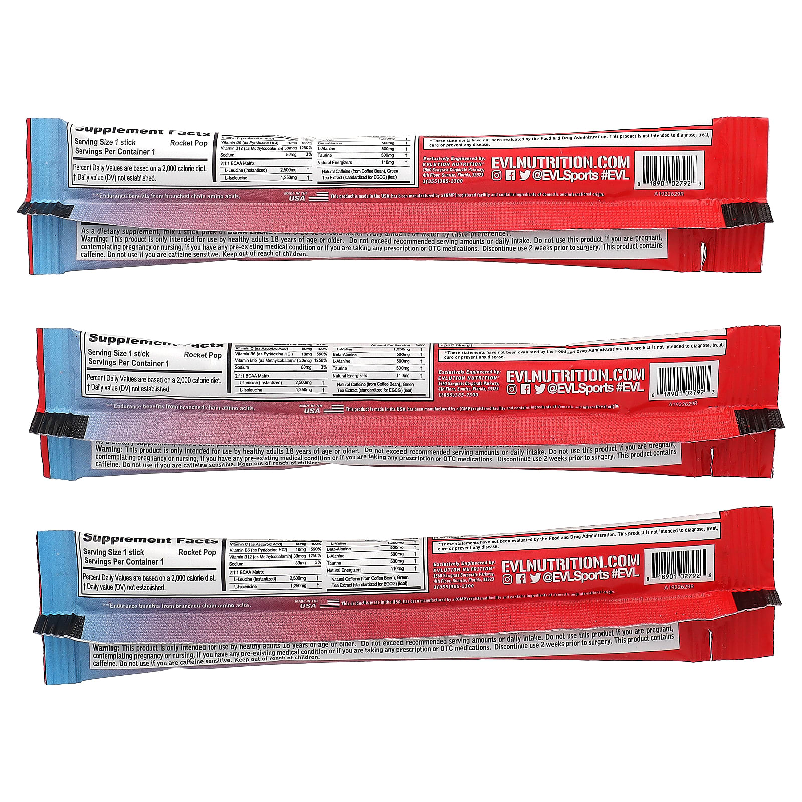 EVLution Nutrition, BCAA Energy, Rocket Pop, 3 Packets, 0.33 oz (9.4 g