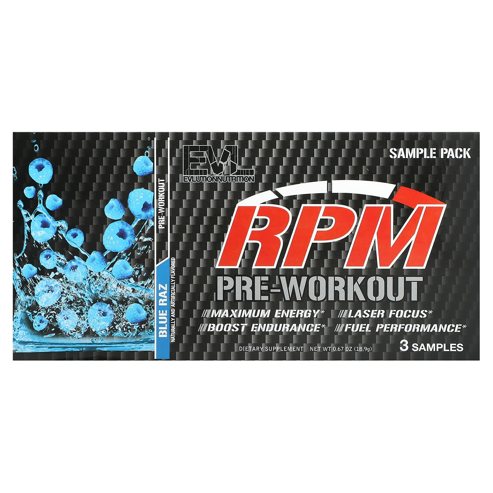 EVLution Nutrition, RPM, PreWorkout, Sample Pack, Blue Raz, 3