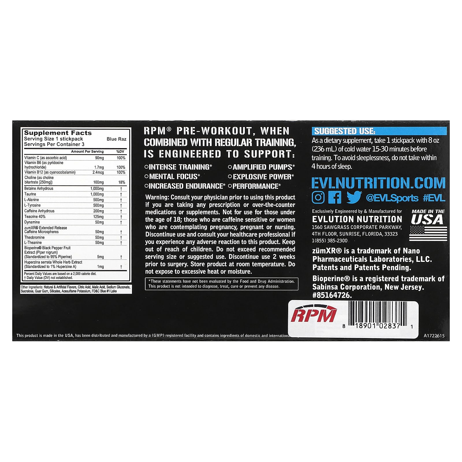 EVLution Nutrition, RPM, PreWorkout, Sample Pack, Blue Raz, 3