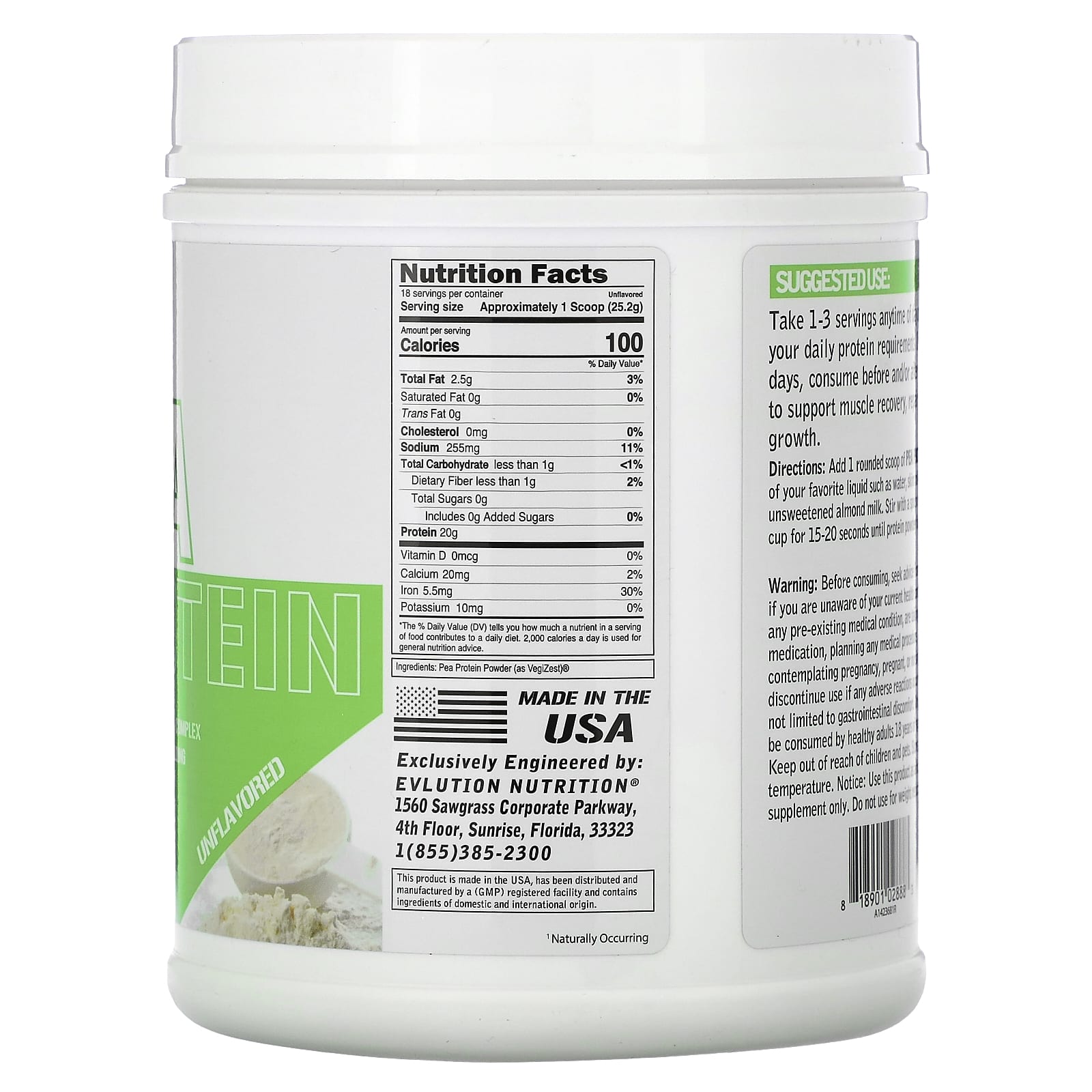 EVLution Nutrition, Pea Protein, Unflavored, 1 lb (454 g)