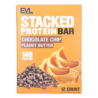 EVLution Nutrition, Barretta proteica impilata, burro di arachidi con gocce di cioccolato, 12 barrette, 65 g ciascuna