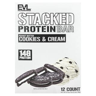 EVLution Nutrition‏, חטיף חלבון Stacked, עוגיות חמאת בוטנים ושמנת, 12 יחידות, 65 גרם כל אחד