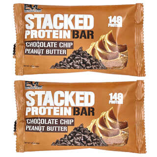EVLution Nutrition, Barra de Proteína Stacked, Manteiga de Amendoim com Lascas de Chocolate, 2 Barras, 65 g (2,29 oz) Cada