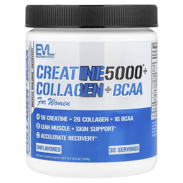 EVLution Nutrition, สำหรับผู้หญิง Creatine5000® Plus คอลลาเจน + BCAA สำหรับผู้หญิง ไม่ปรุงแต่งรส ขนา