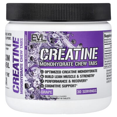 EVLution Nutrition, Creatine Monohydrate Chewable Tablets, Grape Flavor, 90 Tablets