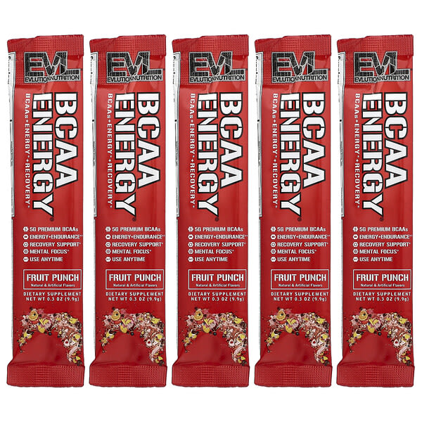 EVLution Nutrition, BCAA Energy®, Fruit Punch, 5 Packets, 0.3 oz (9.9 g) Each — product photo 1