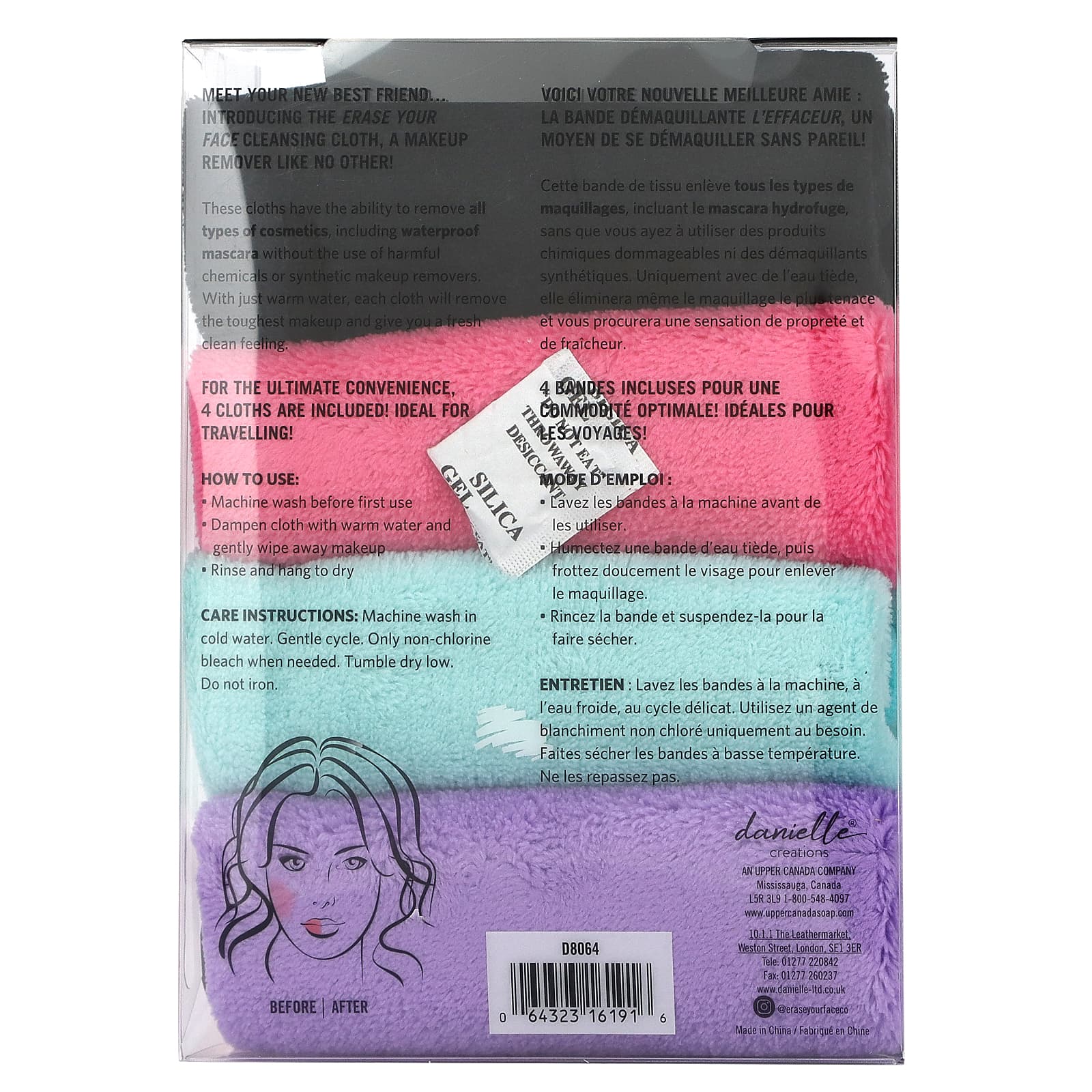 Erase Your Face Reusable Make Up Removing Cloths Assorted Colors 4 Cloths 