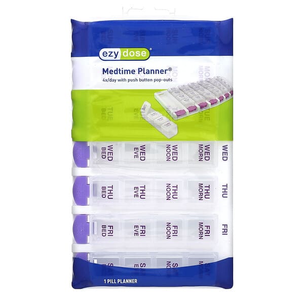 Ezy Dose, Mingguan 4X/Hari dengan Butang Tekan Pop-Keluar Perancang Medtime, 1 Kiraan